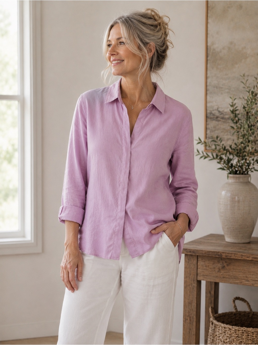 Eileen Fisher Pink Linen Blend Button Front Blouse Long Sleeve Collared Shirt SM